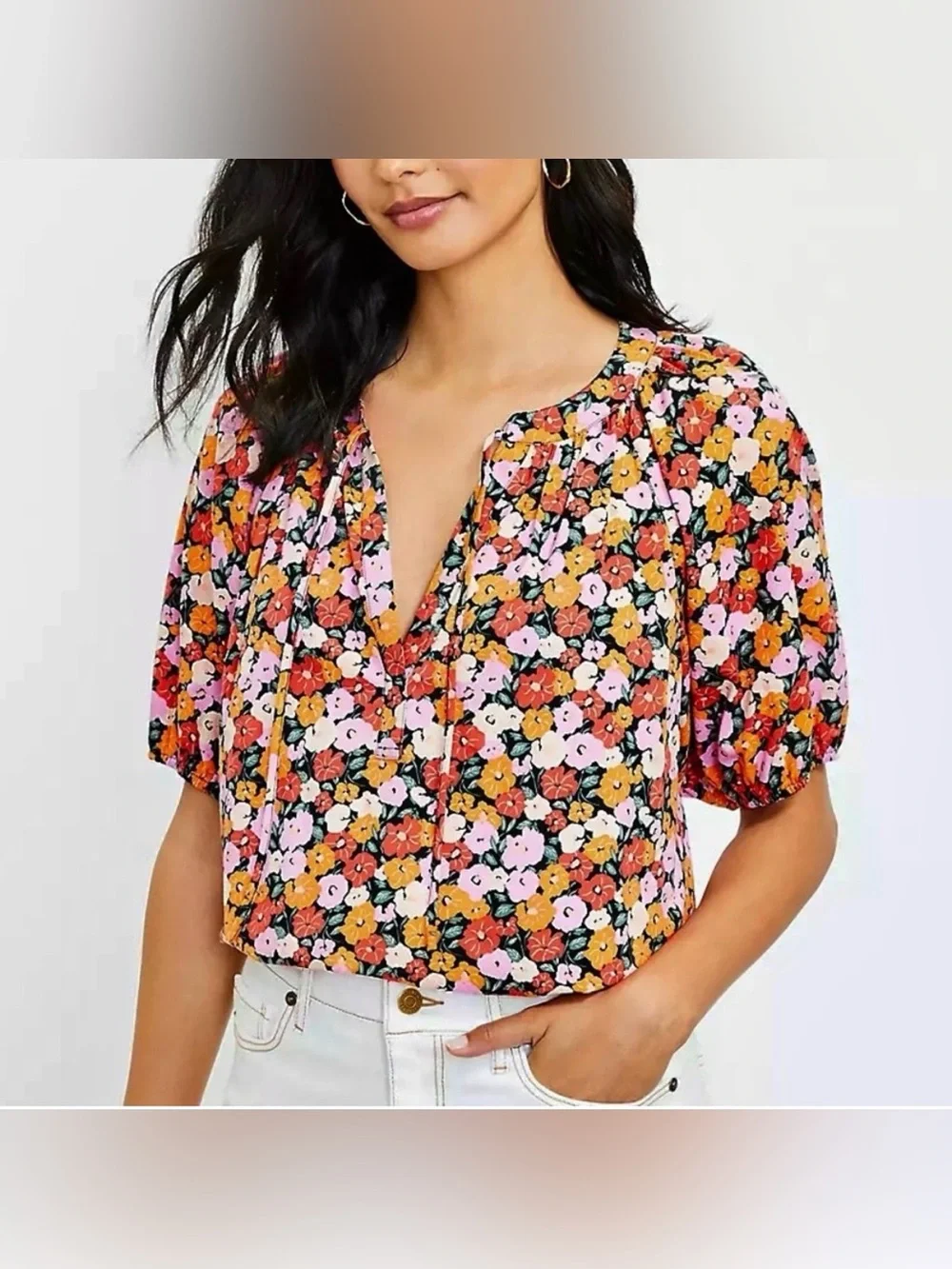 LOFT Floral Tie Neck Puff Sleeve Top Size M